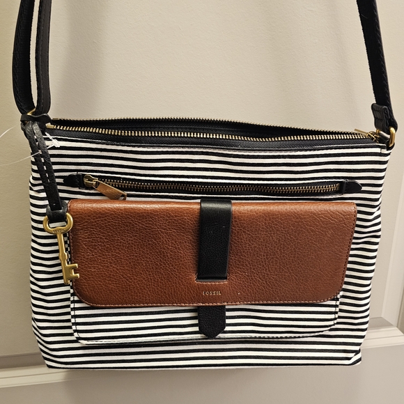 Fossil Kinley Striped Leather Zip Closure Convertible Crossbody Satchel Purse - Picture 7 of 8